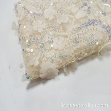 tissu en dentelle de tulle à paillettes de couleur beige